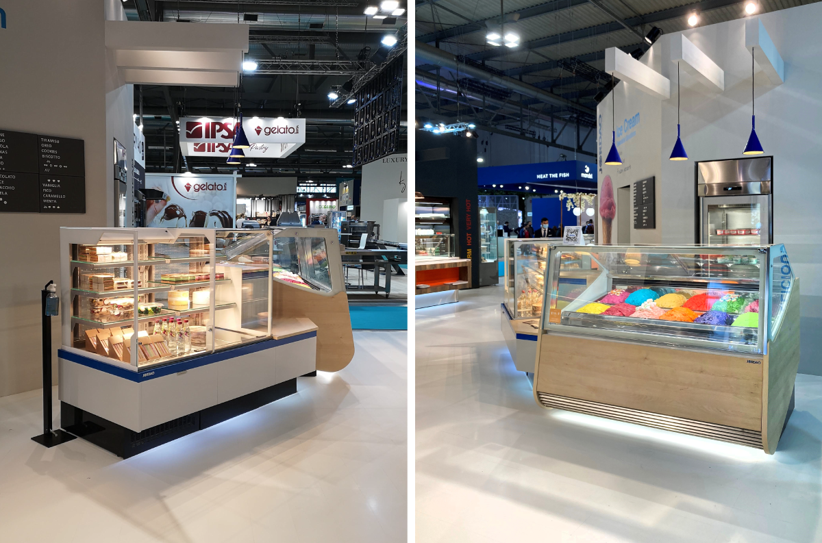 Vitrinas & semiverticais VISTA e vitrina para gelados SCOOP no stand da JORDÃO na HOST 21 | VISTA  display case & semi-verticals units and SCOOP ice cream counter at HOST 21 JORDAO stand