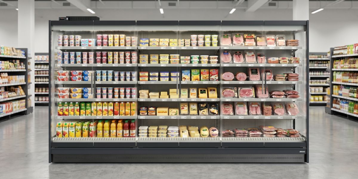 Continuous multiplexed line of FUTURO 2 chilled multidecks in supermarket